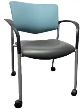 Trendway Stack Chair with Casters, Grey Vinyl Seat, Blue Vinyl Back, Silver and Black Frame