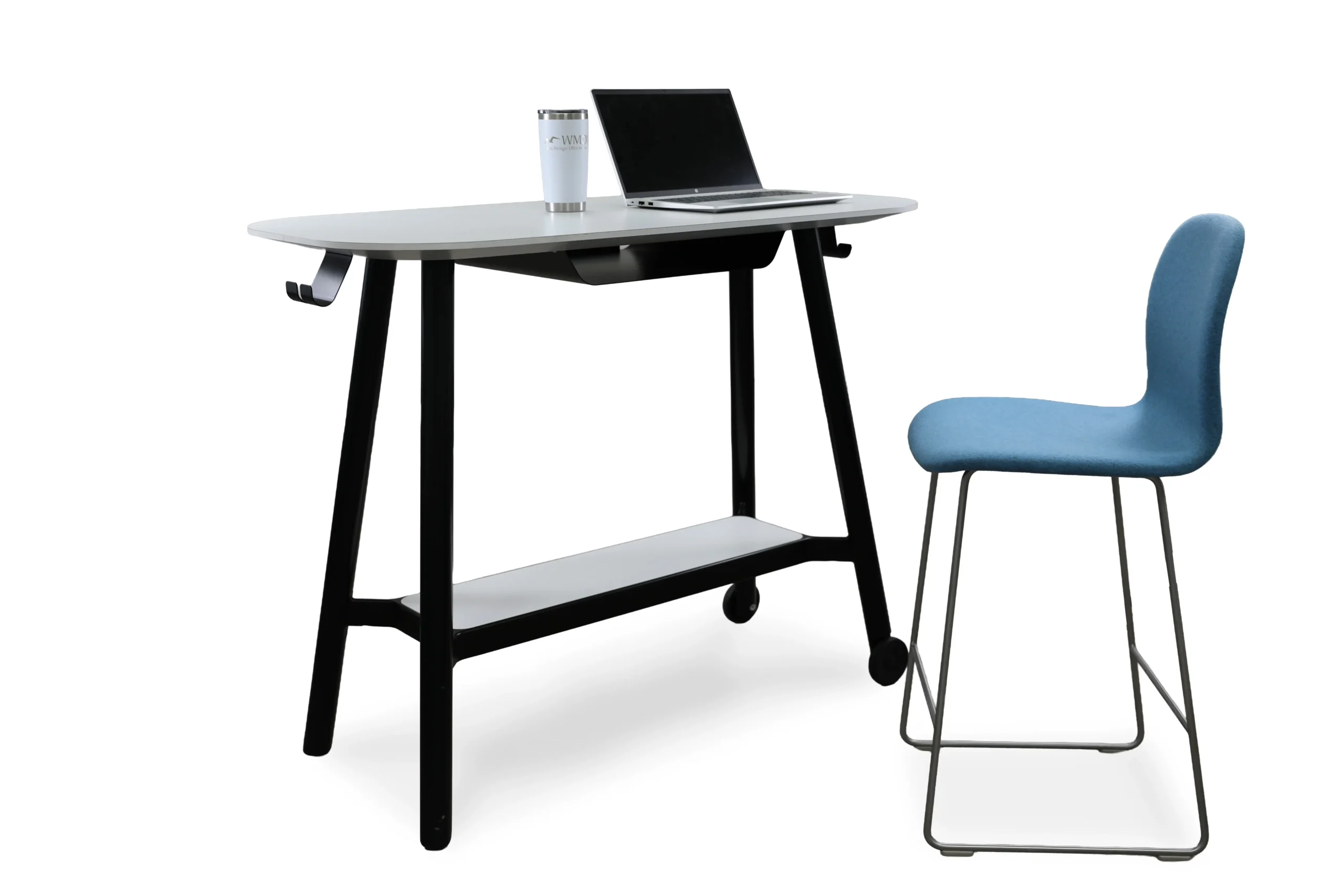 Nienkämper Ensemble table featuring a white work surface, black steel base, under-desk storage, and coordinating blue stool.