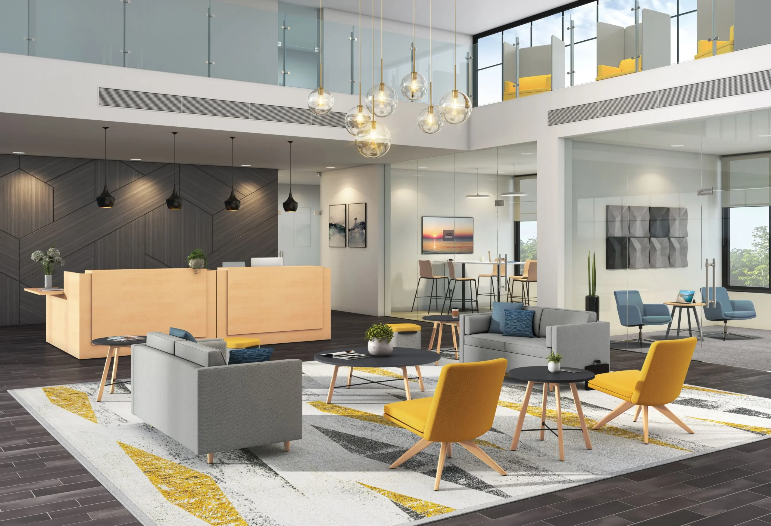 Modern office lobby with new office furniture, featuring lounge seating, reception desk, collaborative meeting spaces, and contemporary lighting.