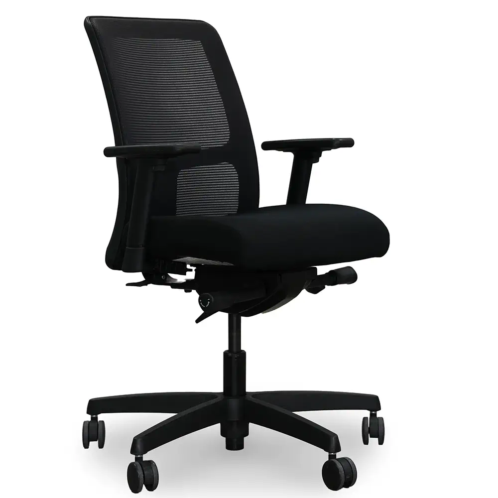 HON Ignition task chair with low back, black seat and mesh back.