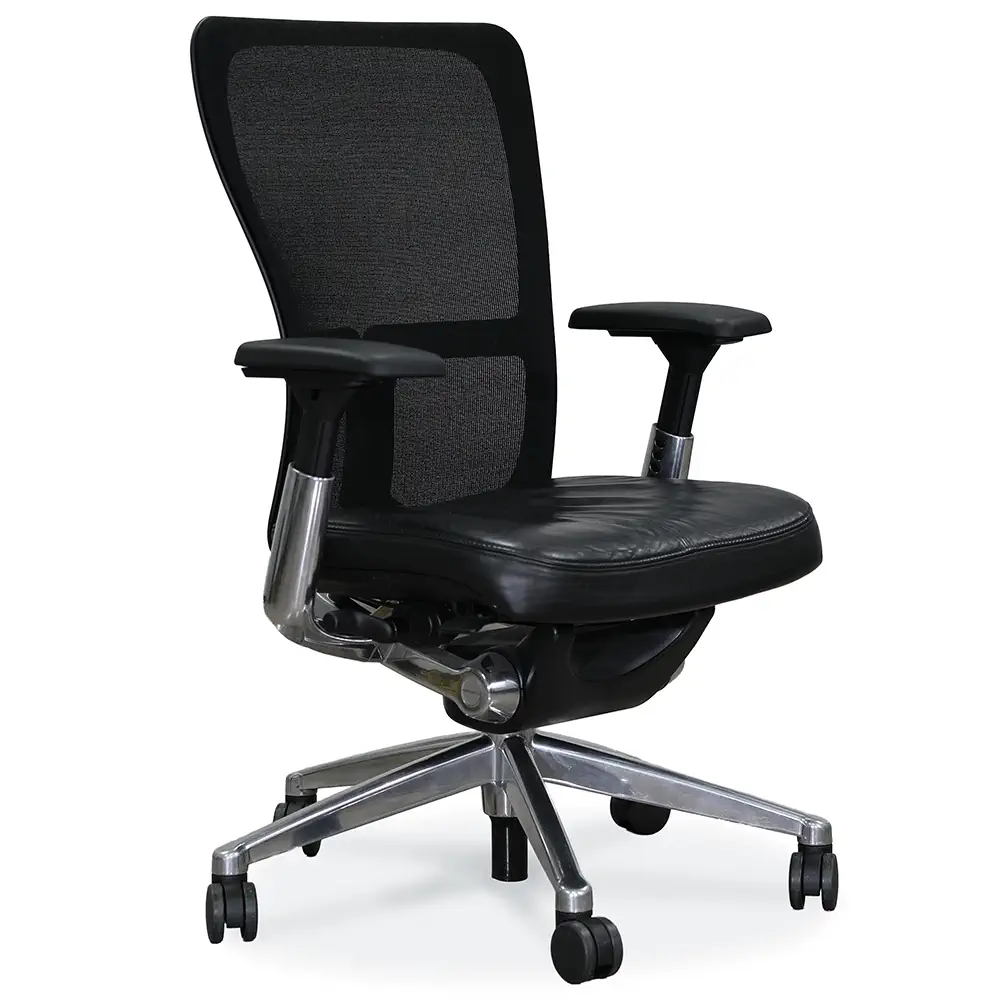 Haworth Zody task chair with black leather seat, mesh back, adjustable arms, and aluminum base