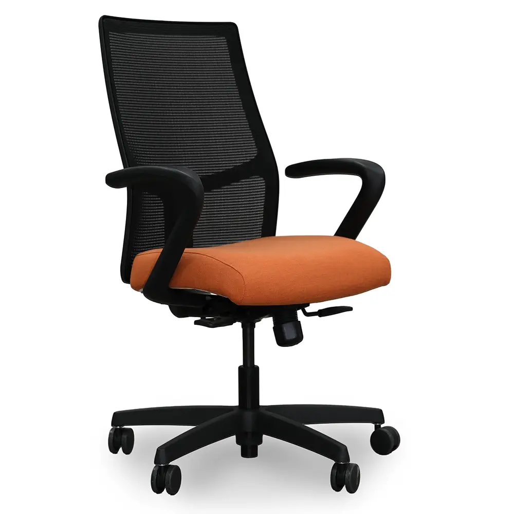 HON Ignition 2.0 Mid Back Task Chair with orange seat, and black mesh back at a front angled view.