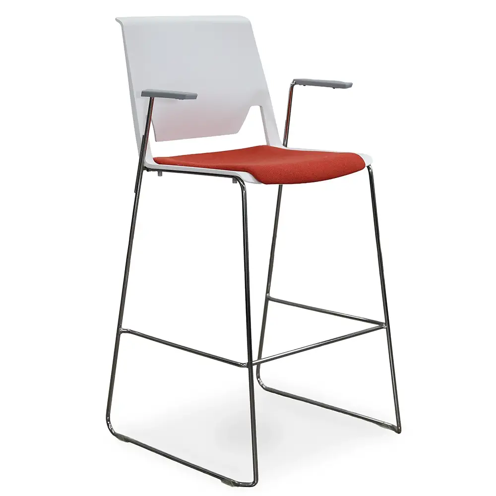 Haworth Very Wire Stool with red fabric seat and white shell shown at front angled view