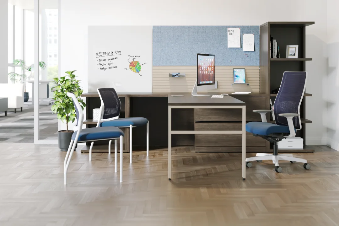 10500 Series desk with storage credenza, hutch and tackboard in woodgrain, contemporary private office