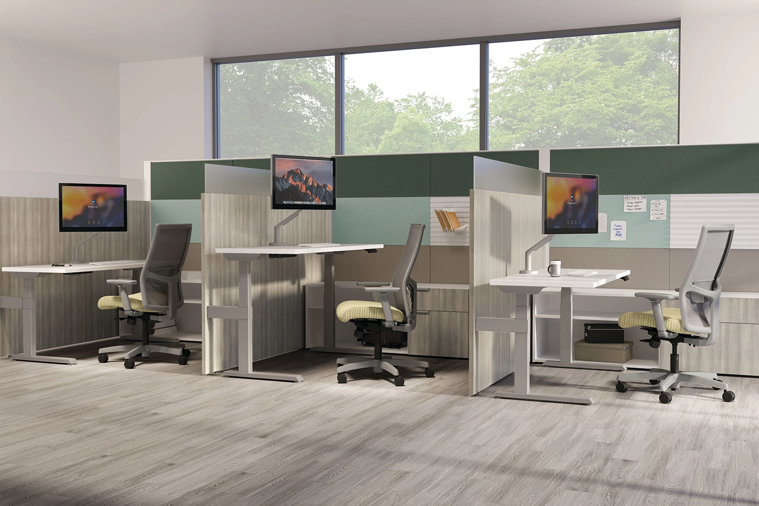 3 HON About Workstations in a modern office space.