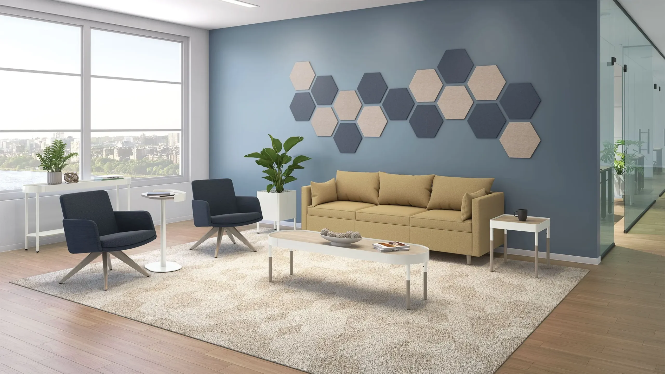 HON Sculpt occasional tables in a modern waiting area with a sofa and lounge chairs.