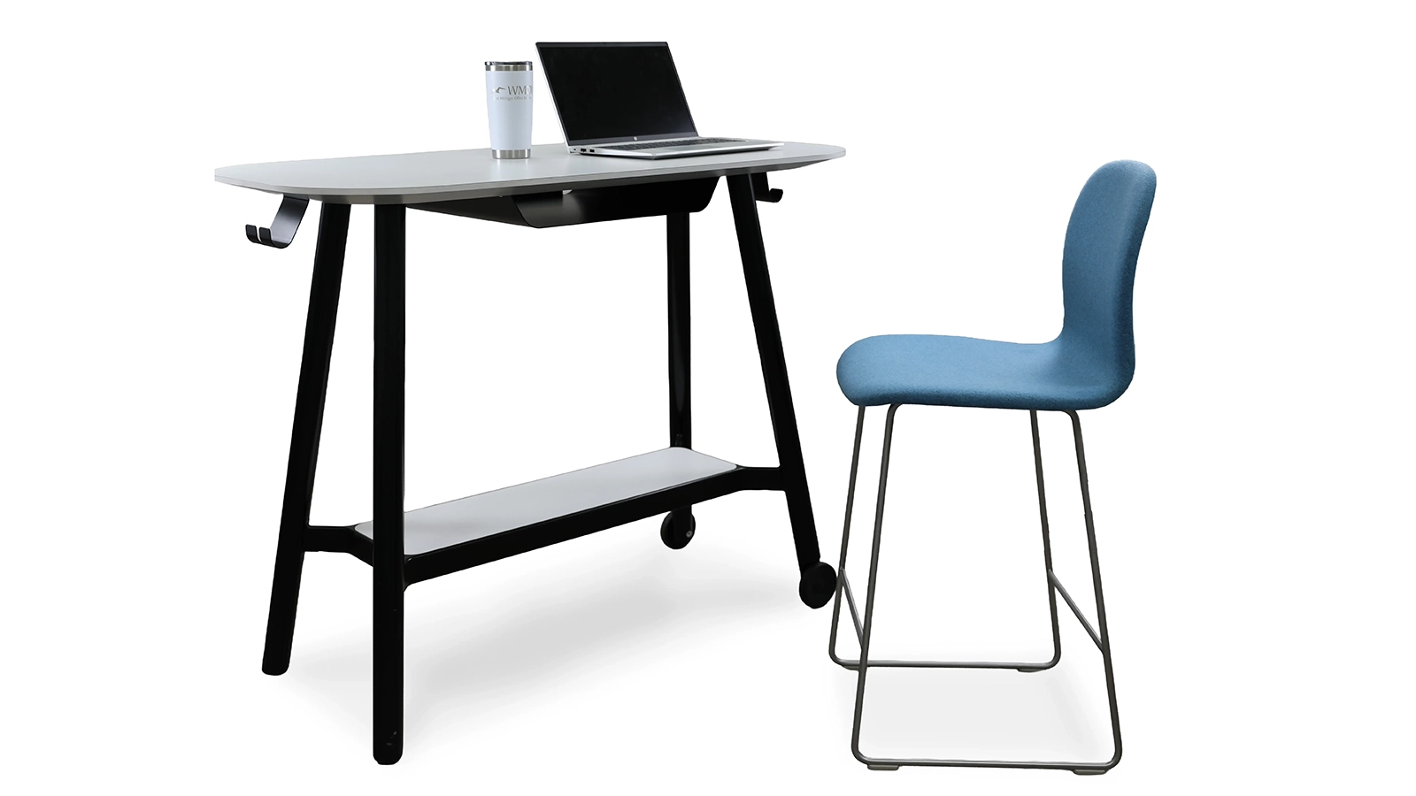 Pre-owned office desk with blue chair and laptop workspace setup