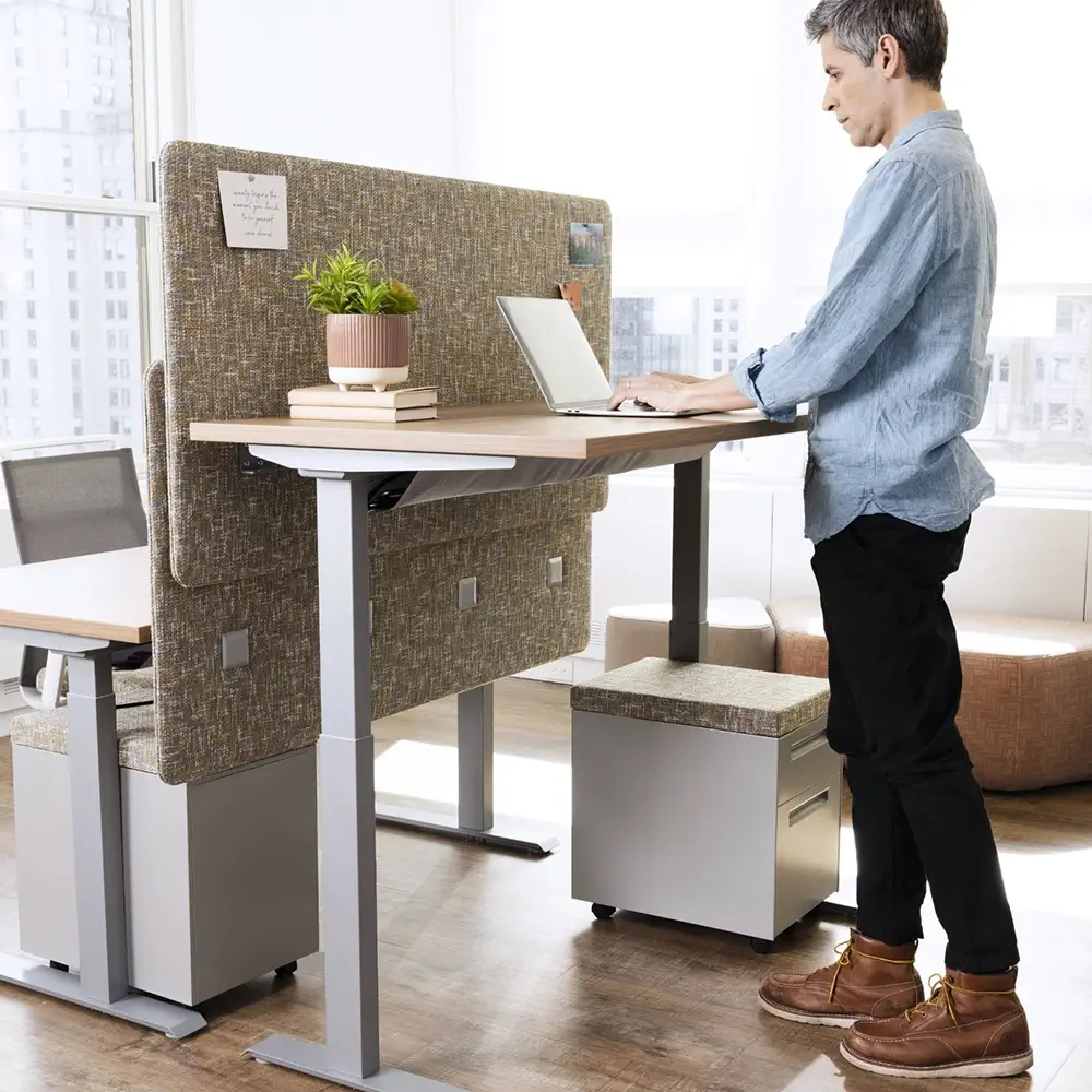 Person standing at a SitOnIt Surge height-adjustable desk with privacy screen, working on a laptop in a bright office.