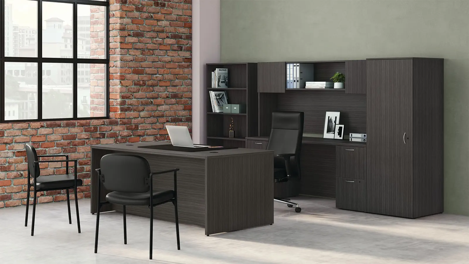 HON Mod executive office suite with desk, hutch, storage cabinets, and guest seating in modern workspace