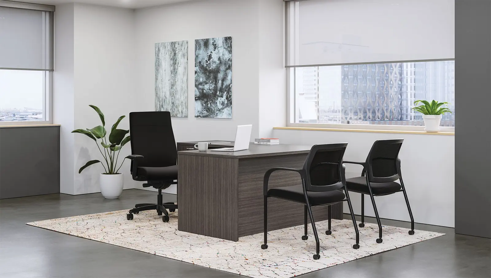HON Mod office desk with guest chairs and executive chair in contemporary private office setting