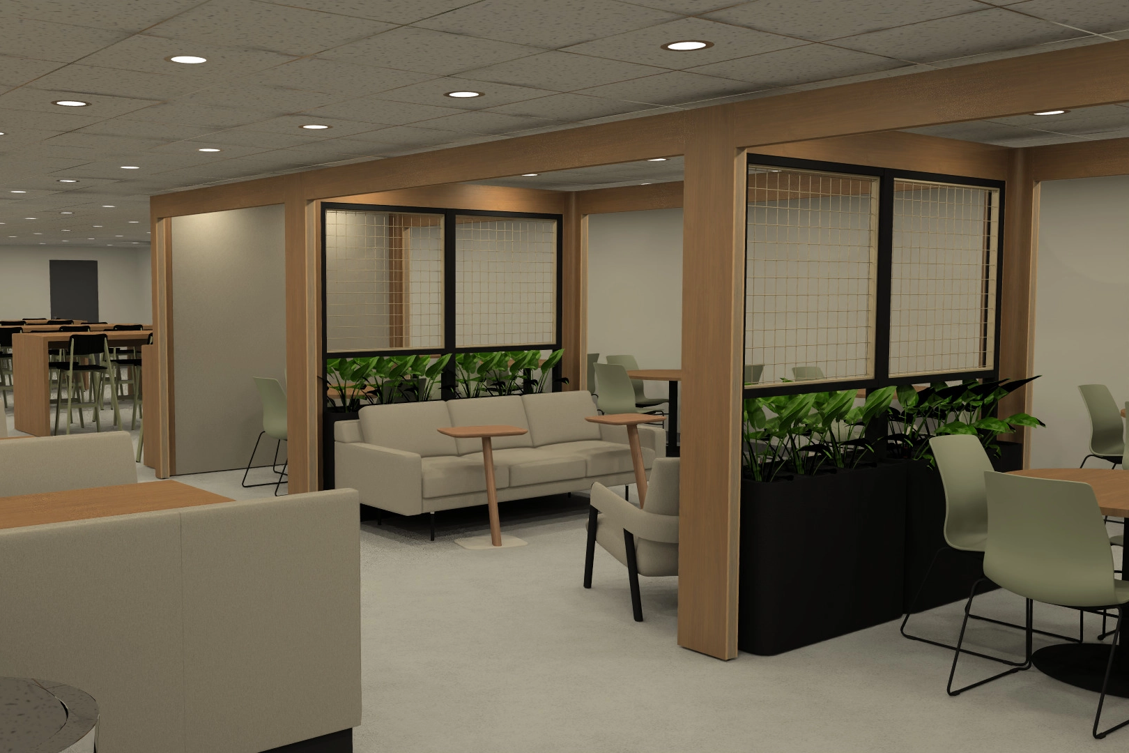 3D office rendering showing workspace layout, furniture placement, and interior design concept