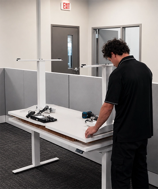 Technician installing office furniture and assembling workstations on site.