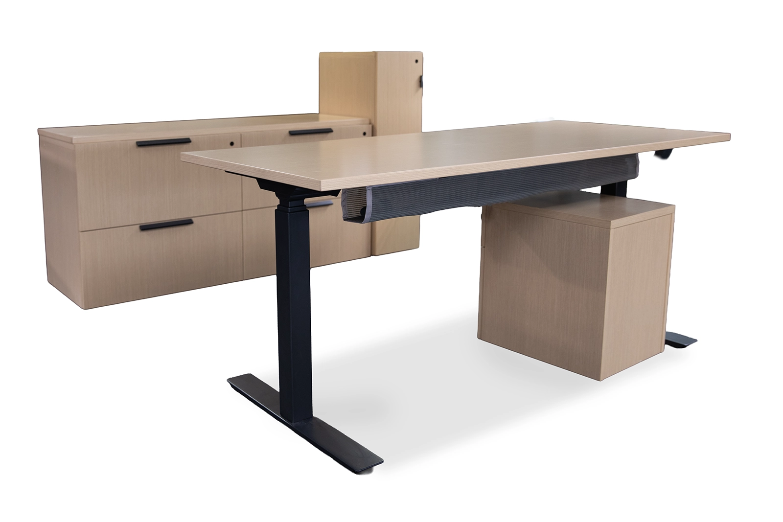 Teknion Desk Set with Credenza, Pedestal and Storage Locker in Oak.