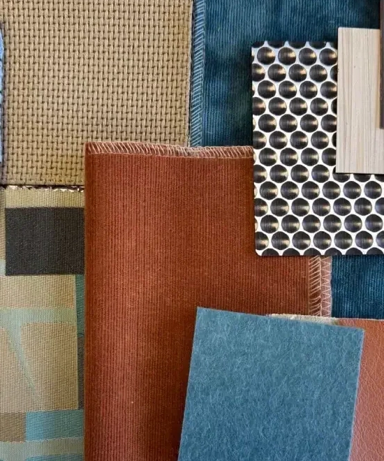 Assorted fabric and material swatches used for commercial office interior design