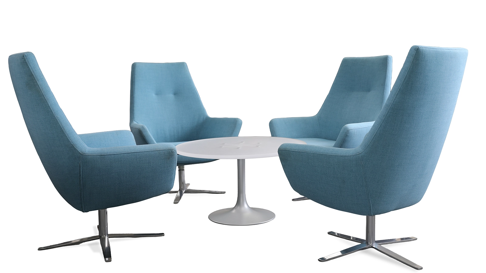 Sky blue Carmen lounge chairs with white glass table