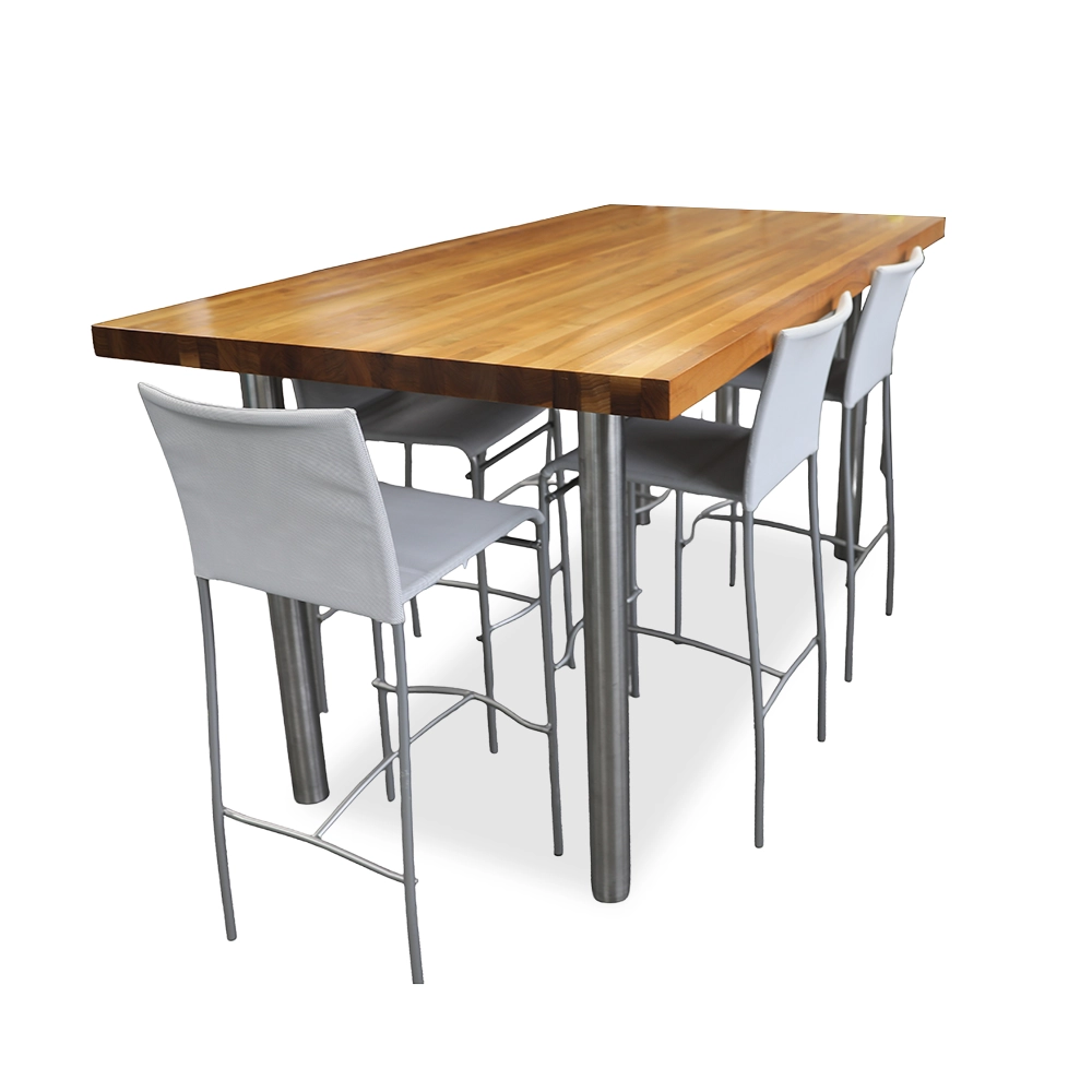 Butcher Block Table with Gray High-Top Chairs