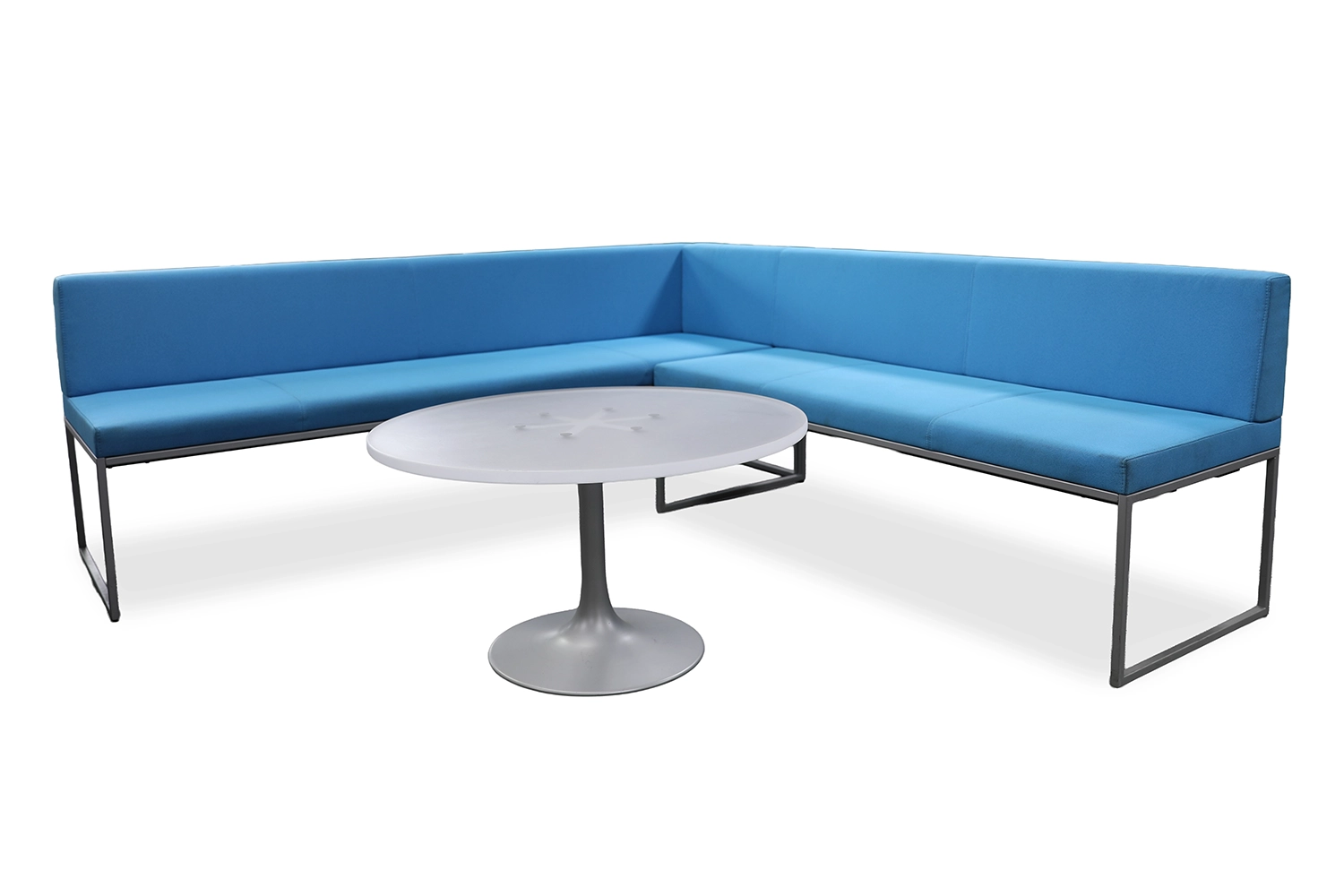 Blue L-Shaped Davis Furniture Modo with white glass table.